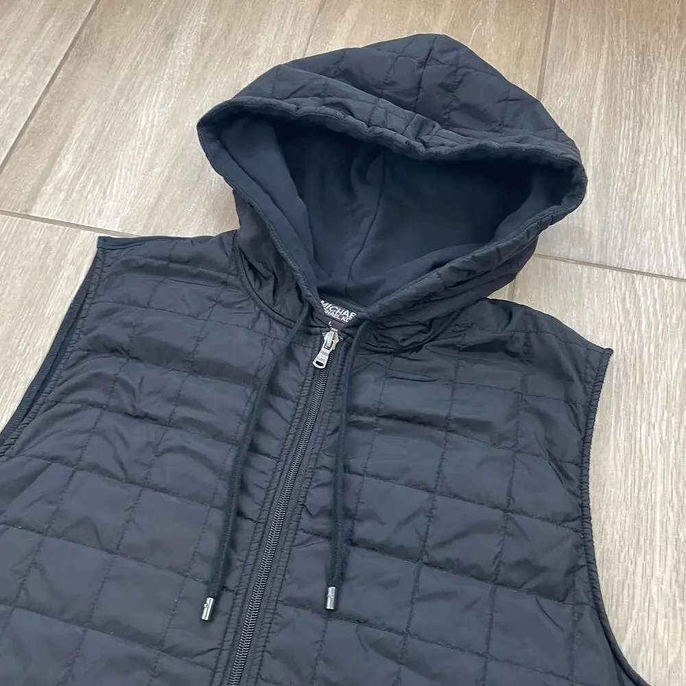 Michael Kors Quilted Hooded Puffer Vest Black Full Zip Women's Large